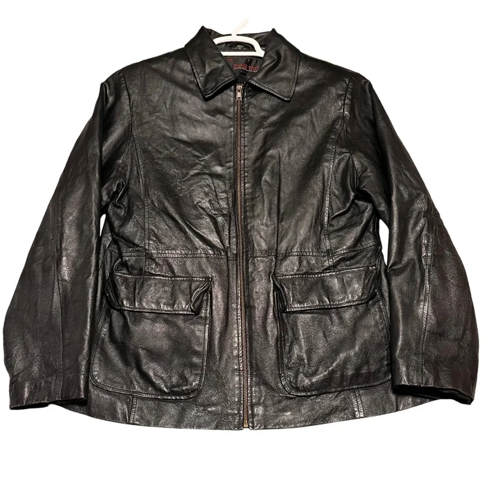 Vintage Mens Black Leather Biker Jacket XL Zip Front Pockets Lined - Picture 1 of 10